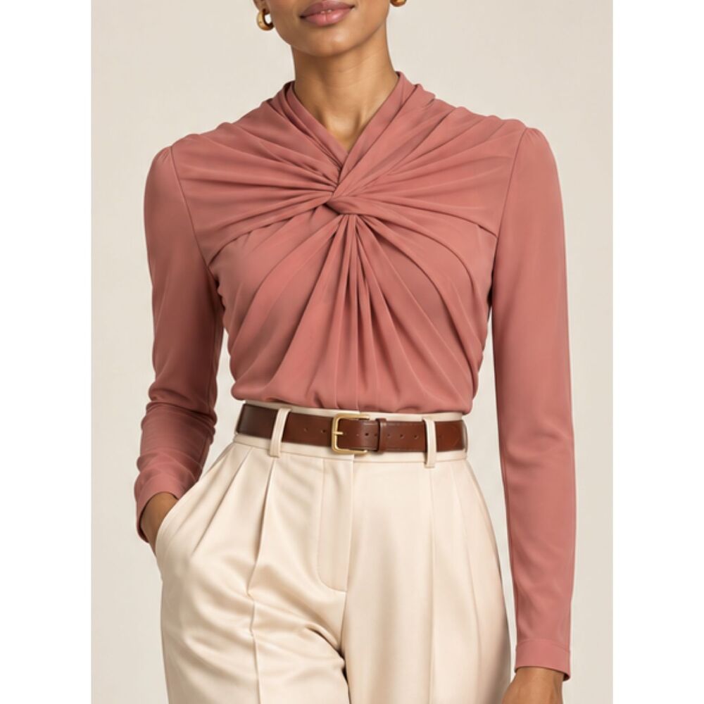 Carlisle Collection Silk Pink Draped Twist Neck Blouse